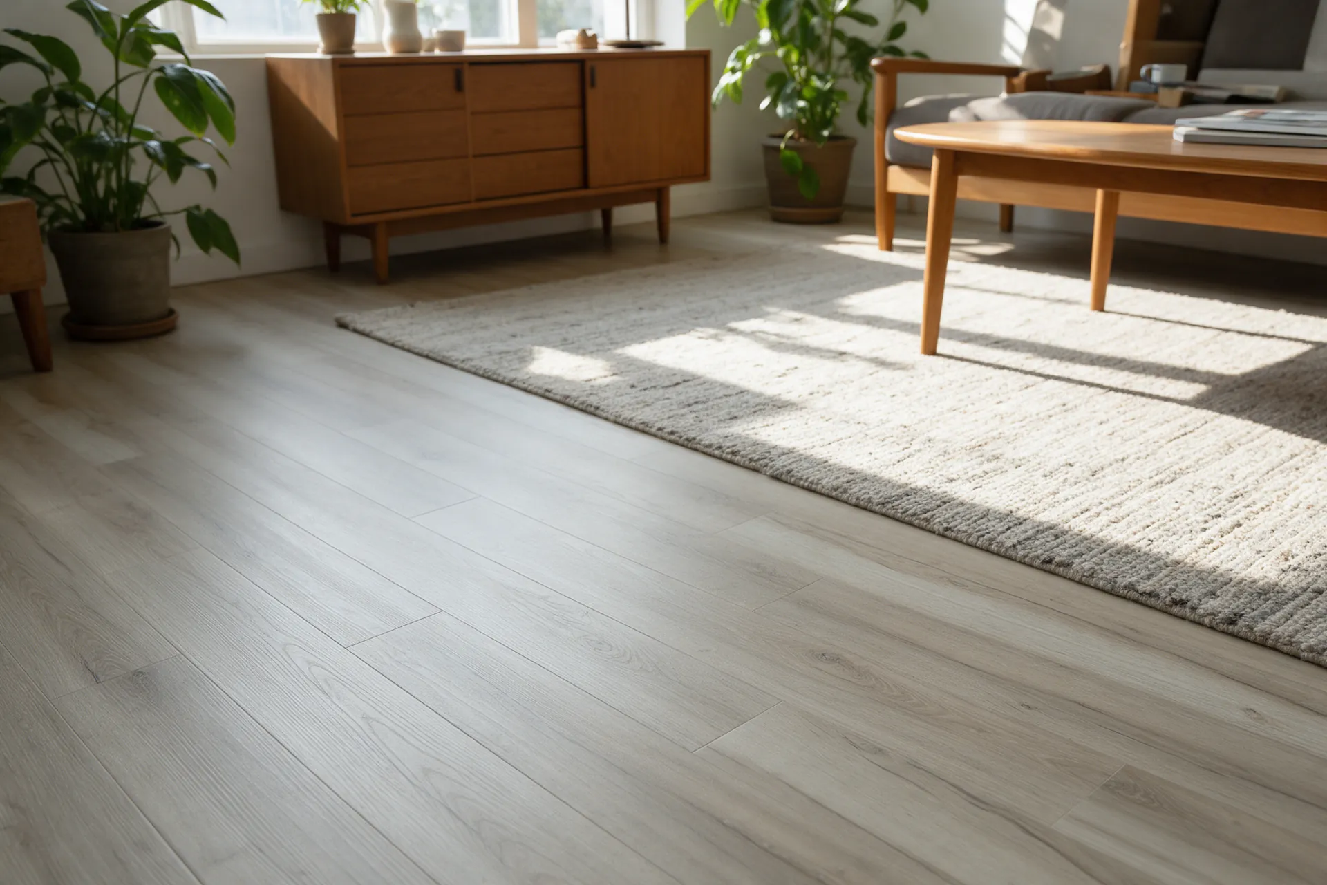 Wohnraum mit Laminatboden und Teppich